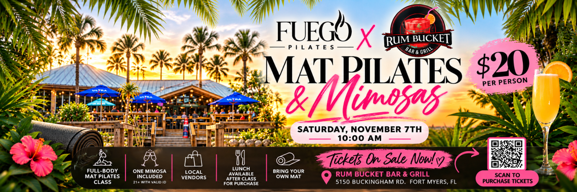 Full-Body Mat Pilates Class. Saturday, November 7th, 2026 at 10:00am. $20 per person. One mimosa included, must be 21+ with valid id. Bring your own mat.